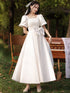 White Satin A-line Short Sleeves Party Dress with Bow, White Satin Formal Dress